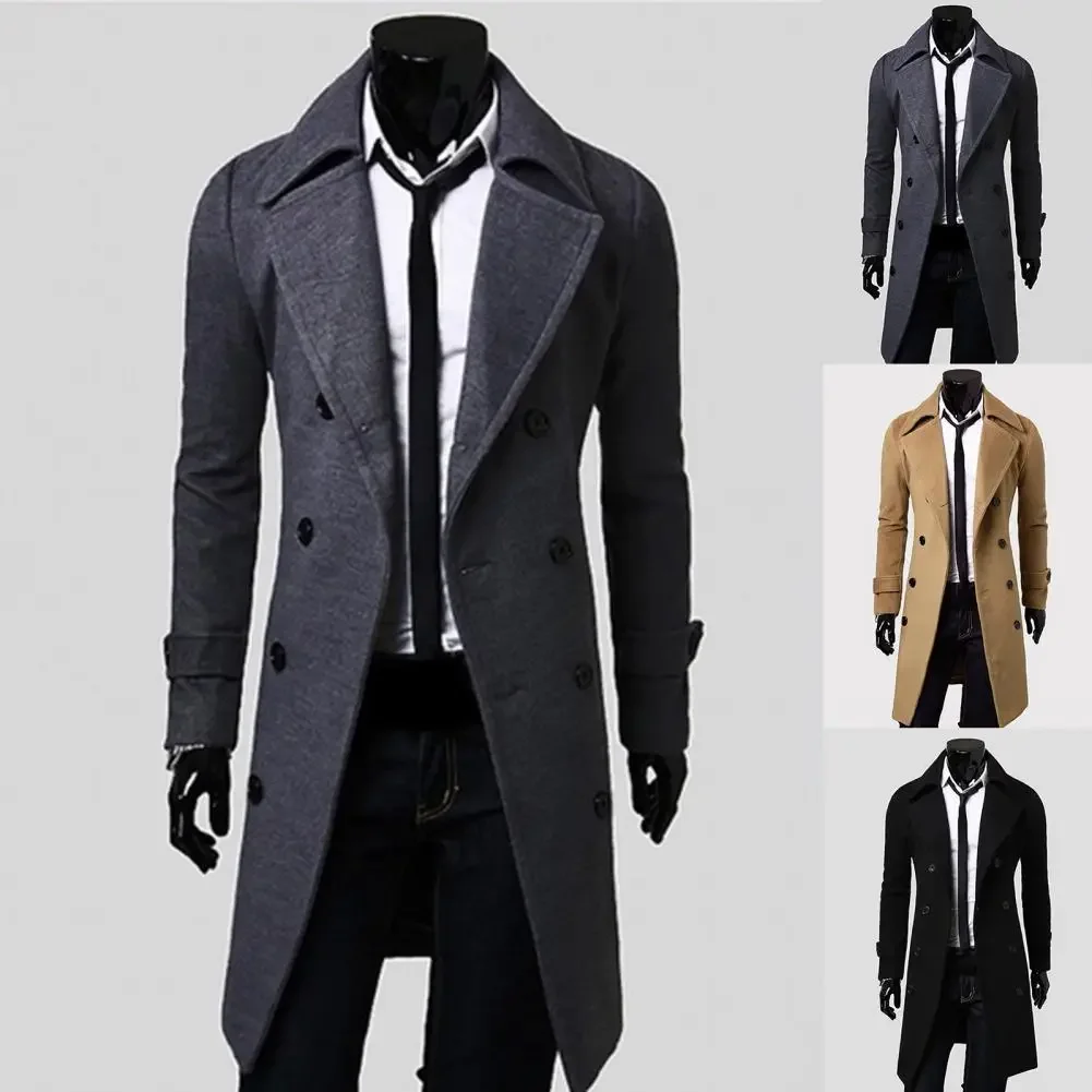 Simple Trench Coat  Double-breasted Male Men Coat  Coldproof Pure Color Jacket thumbnail 4