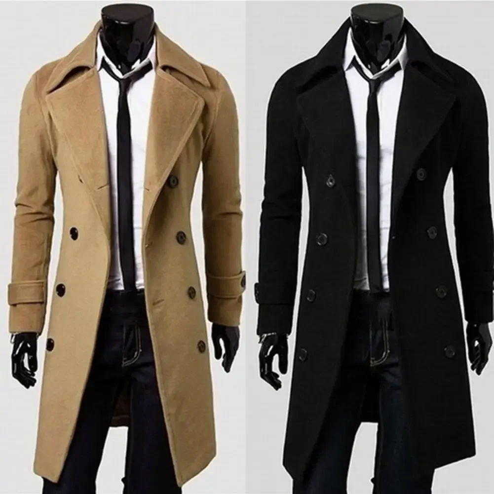 Simple Trench Coat  Double-breasted Male Men Coat  Coldproof Pure Color Jacket
