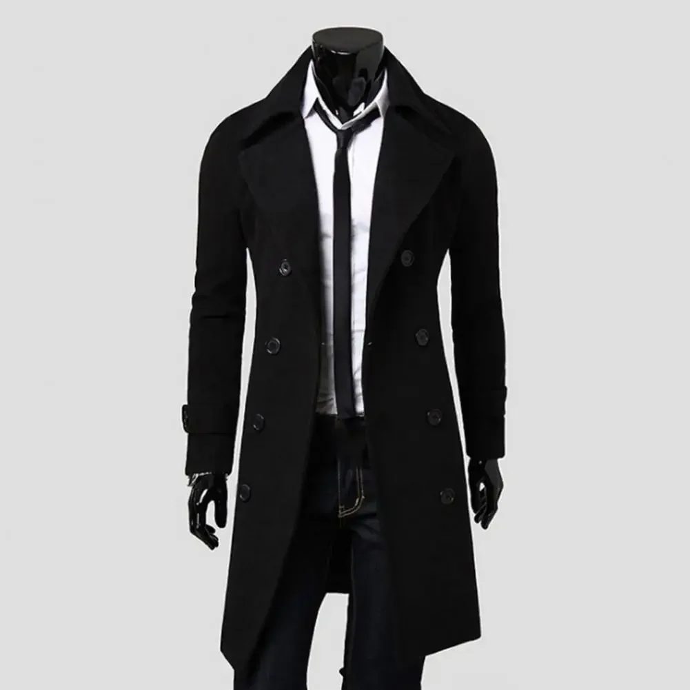 Simple Trench Coat  Double-breasted Male Men Coat  Coldproof Pure Color Jacket thumbnail 2