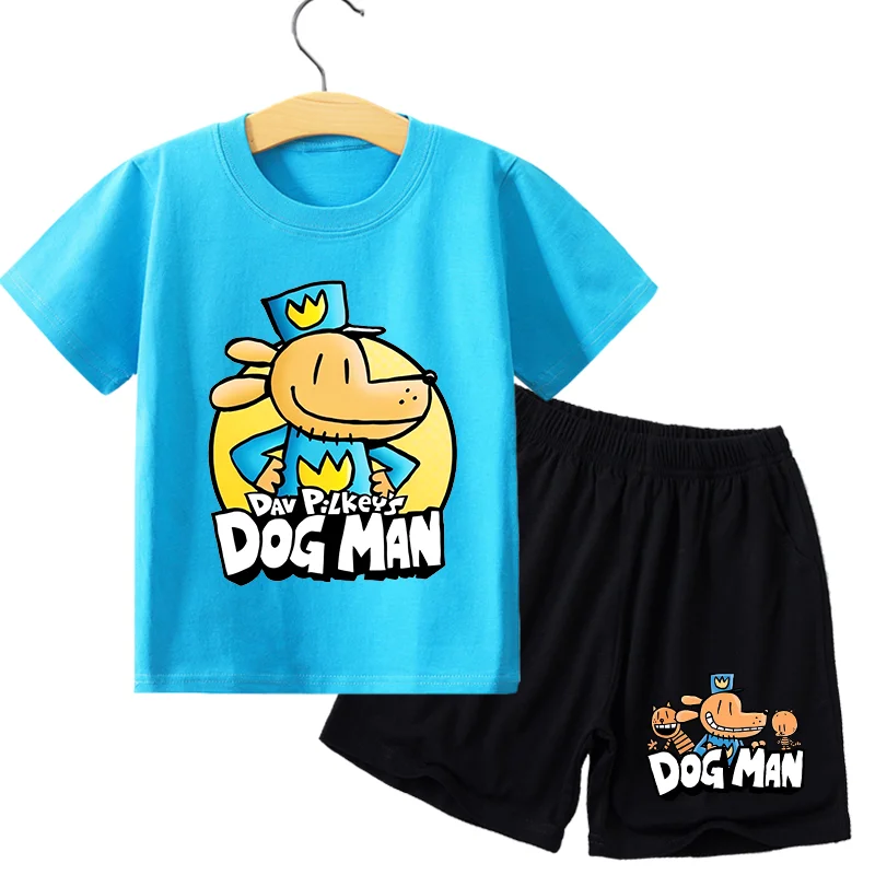 2pcs Dog Man Summer T-shirt Pants Children Cotton Short Sleeved Shirt Anime Trousers Sets Cartoons Boys Girls Clothes Suit Gifts thumbnail 2