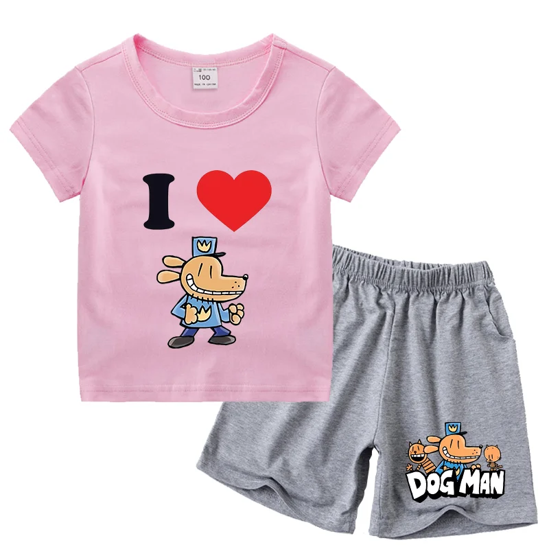 2pcs Dog Man Summer T-shirt Pants Children Cotton Short Sleeved Shirt Anime Trousers Sets Cartoons Boys Girls Clothes Suit Gifts thumbnail 5