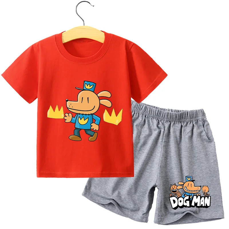 2pcs Dog Man Summer T-shirt Pants Children Cotton Short Sleeved Shirt Anime Trousers Sets Cartoons Boys Girls Clothes Suit Gifts thumbnail 4