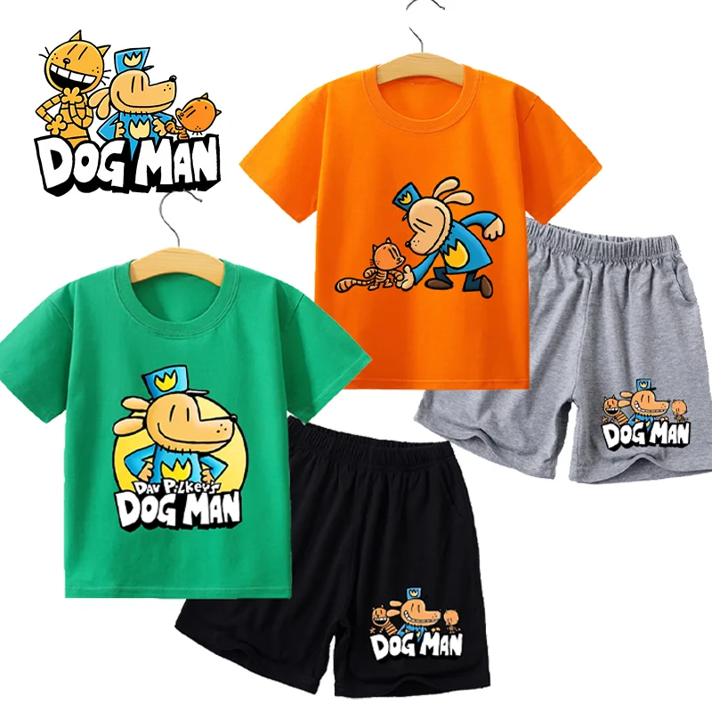 2pcs Dog Man Summer T-shirt Pants Children Cotton Short Sleeved Shirt Anime Trousers Sets Cartoons Boys Girls Clothes Suit Gifts