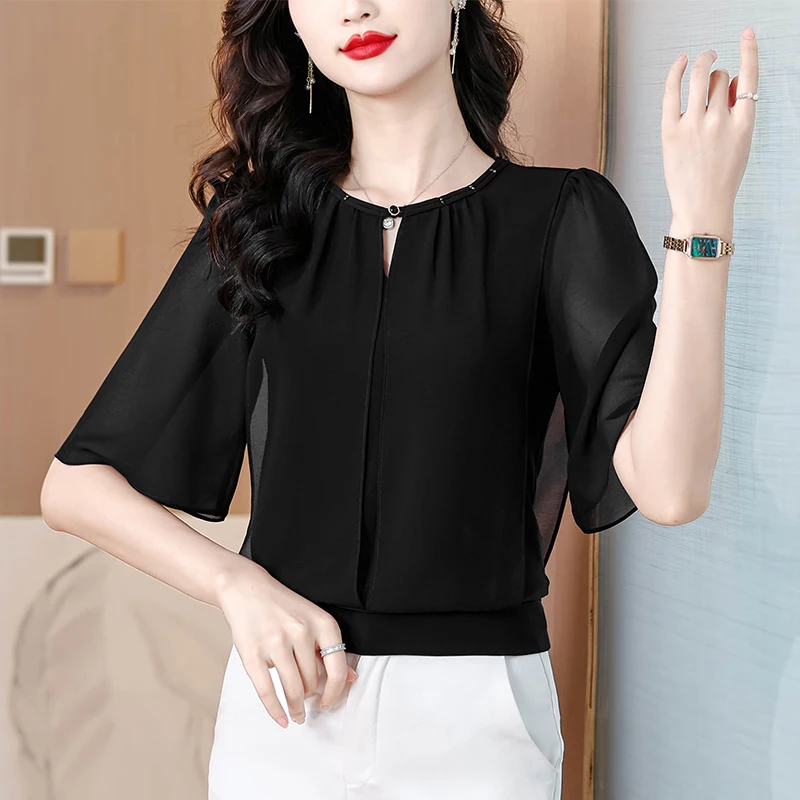Summer Clothing Half Sleeve Chiffon Blouse 2025 New Fashion Loose Women Tops Solid Color Casual Pullovers Shirt thumbnail 3