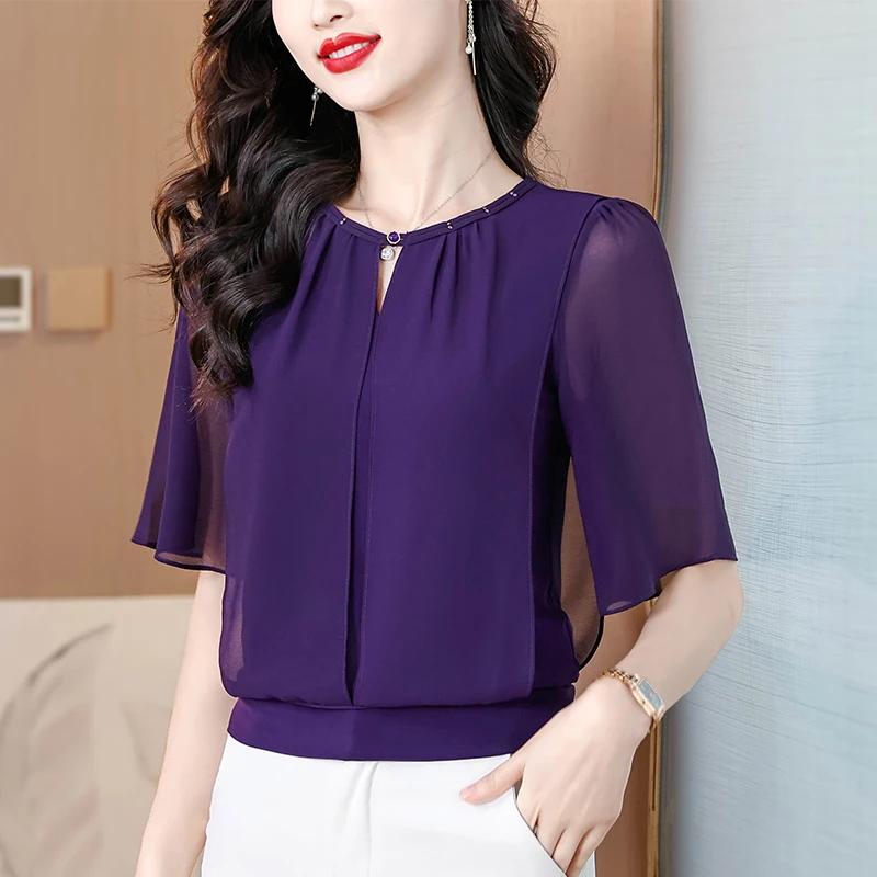 Summer Clothing Half Sleeve Chiffon Blouse 2025 New Fashion Loose Women Tops Solid Color Casual Pullovers Shirt thumbnail 2