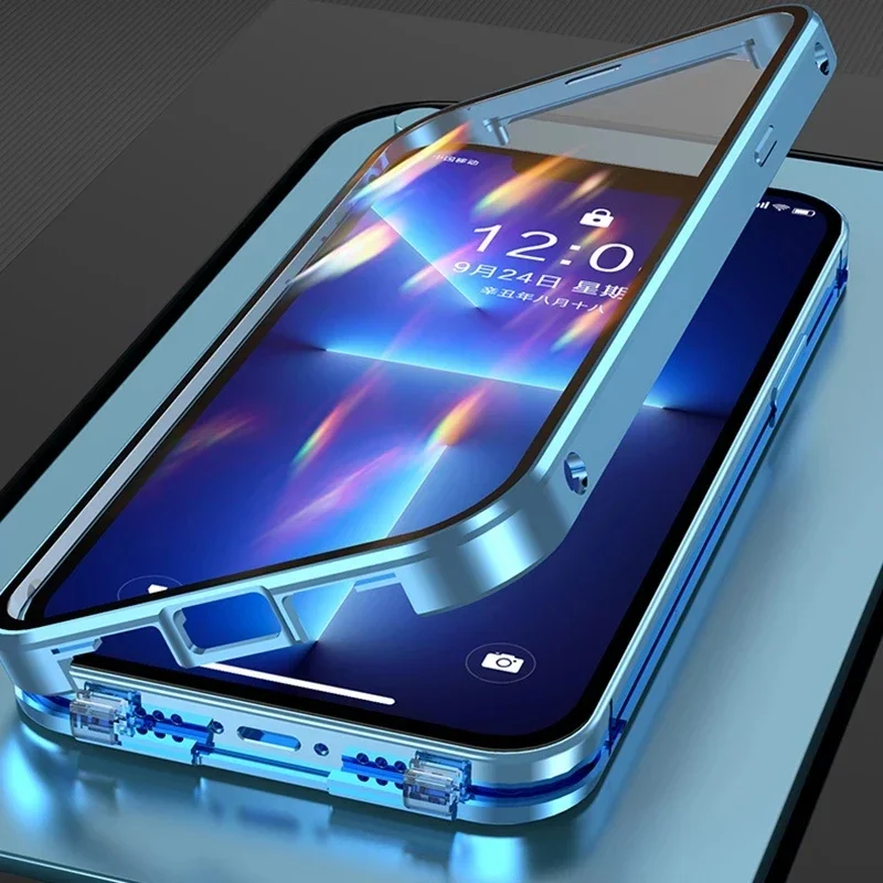 Clear 360° Full Protection Metal Magnetic Double-Sided Glass Press Phone Case for iPhone 16e 16 Pro Max 14 13 12 15 Pro Max Case thumbnail 3
