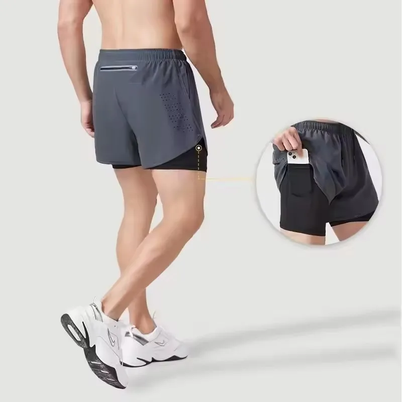 Summer men's reflective running shorts Fitness quick drying double-layer shorts Men's exercise training bodybuilding shorts thumbnail 5