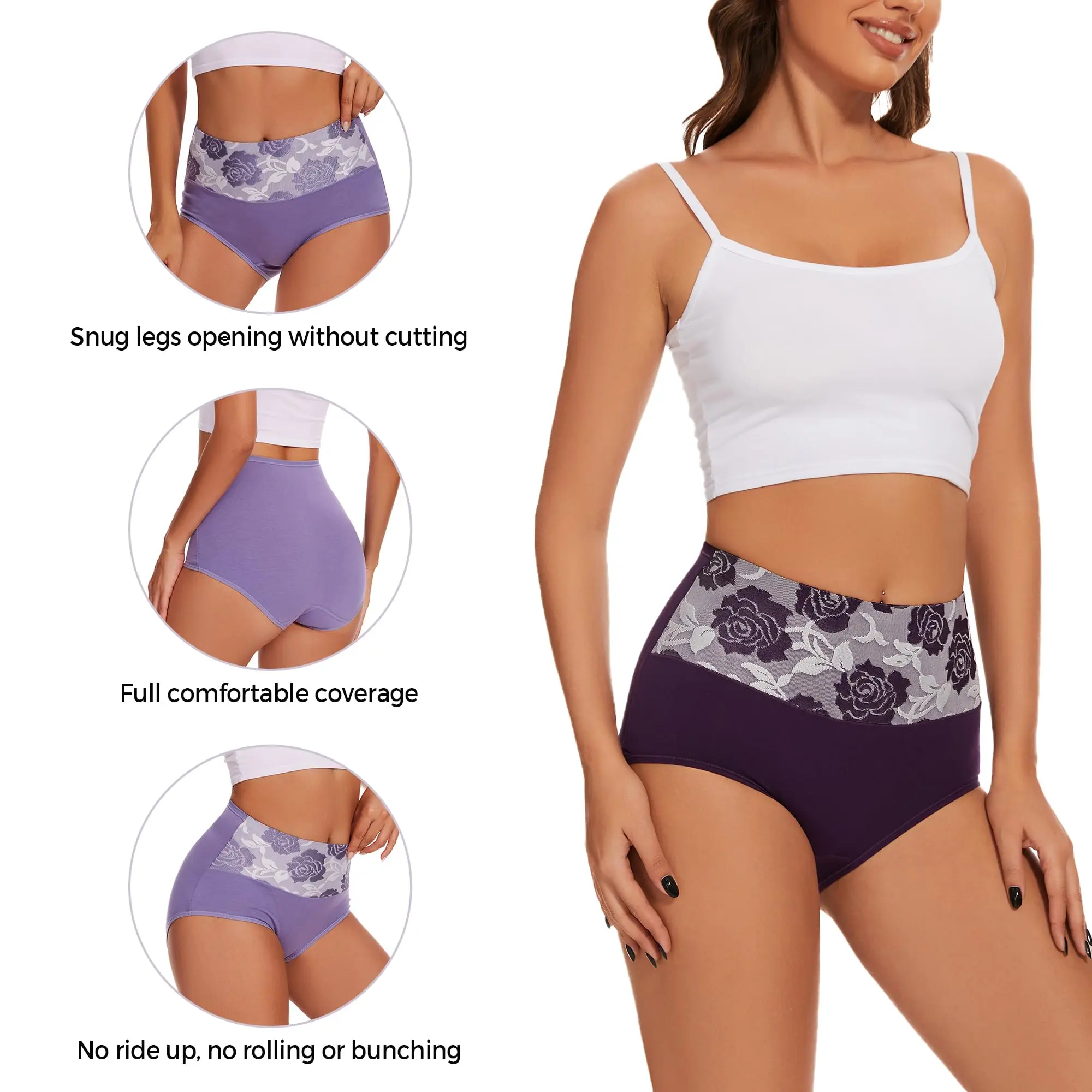 Plus Size L-5XL Women's Briefs Underwear Cotton High Waist Tummy Control Panties Rose Jacquard Ladies Panty Multipack thumbnail 2
