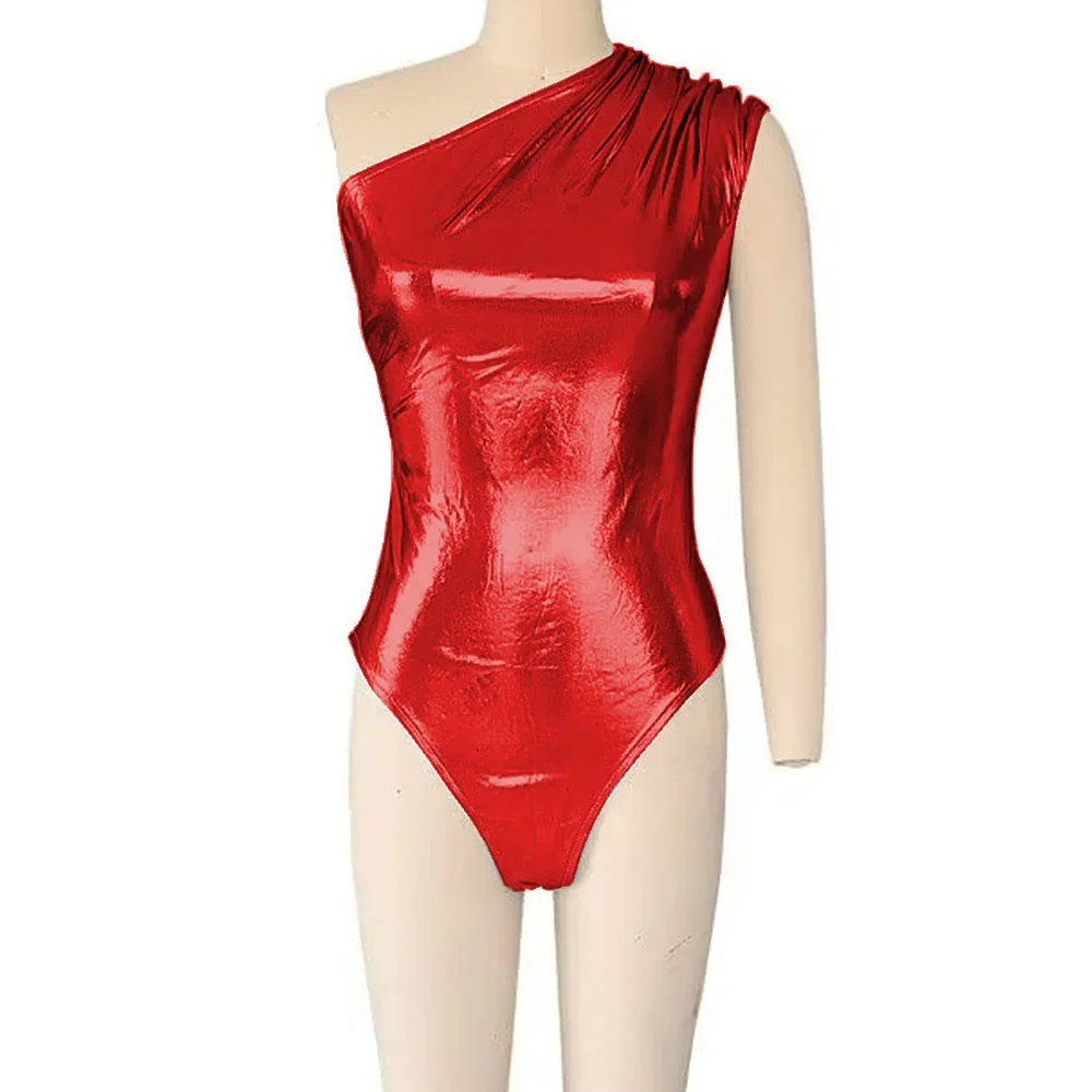 Shiny Metallic Sexy Club One Shoulder Pole Dance One Piece Bodysuits Women High Cut Solid Stretchy Bodysuits Teddies Party Wear thumbnail 3