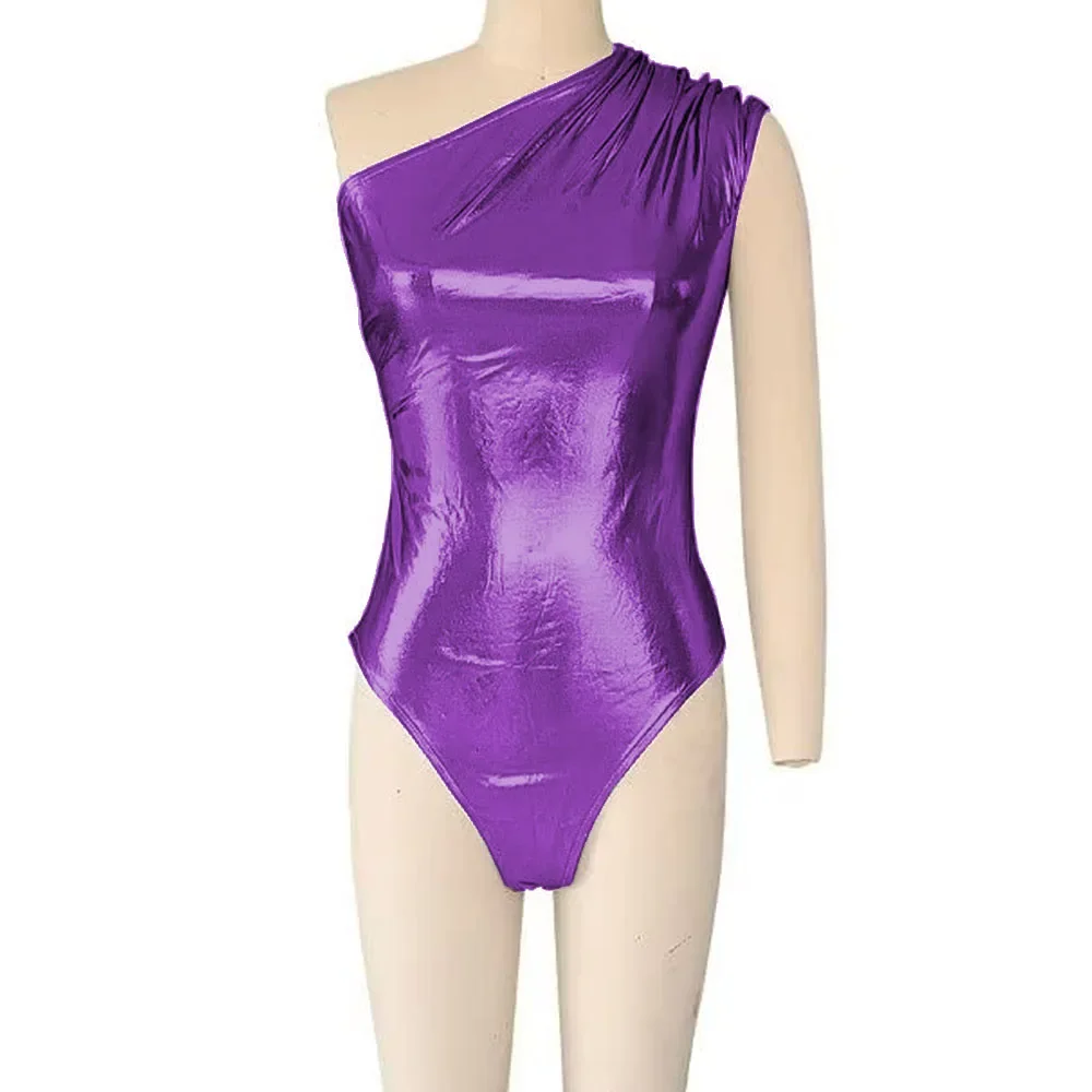 Shiny Metallic Sexy Club One Shoulder Pole Dance One Piece Bodysuits Women High Cut Solid Stretchy Bodysuits Teddies Party Wear thumbnail 2