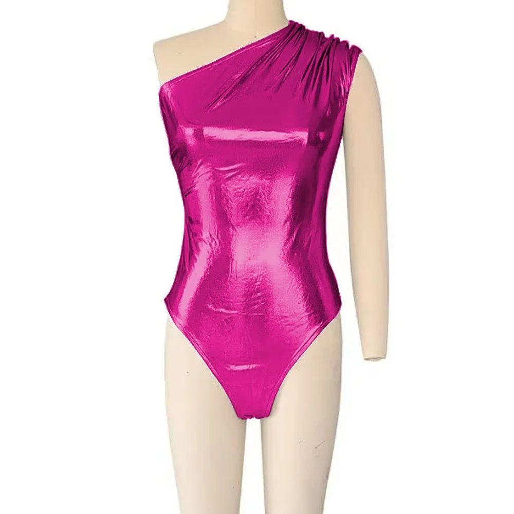 Shiny Metallic Sexy Club One Shoulder Pole Dance One Piece Bodysuits Women High Cut Solid Stretchy Bodysuits Teddies Party Wear thumbnail 5