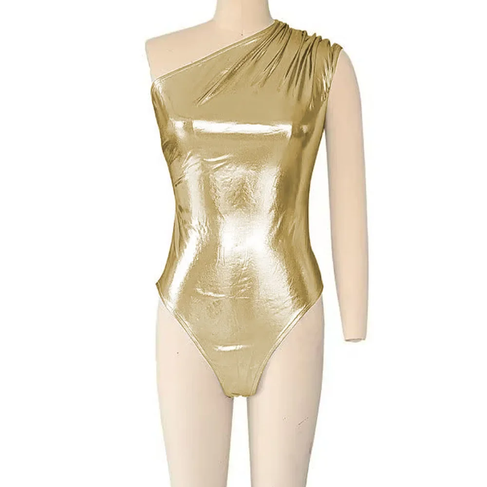 Shiny Metallic Sexy Club One Shoulder Pole Dance One Piece Bodysuits Women High Cut Solid Stretchy Bodysuits Teddies Party Wear thumbnail 6