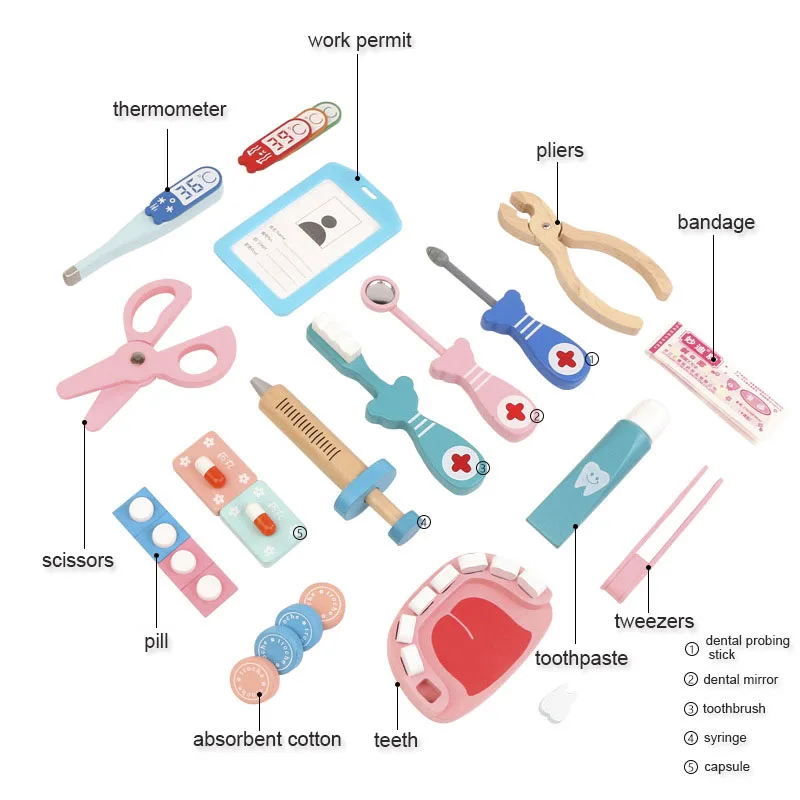 Pretend Play House Doctor Toy Wooden Medical Toolbox Dentist Set Simulation Play House Toy Role Playing Life Skill For Children thumbnail 5