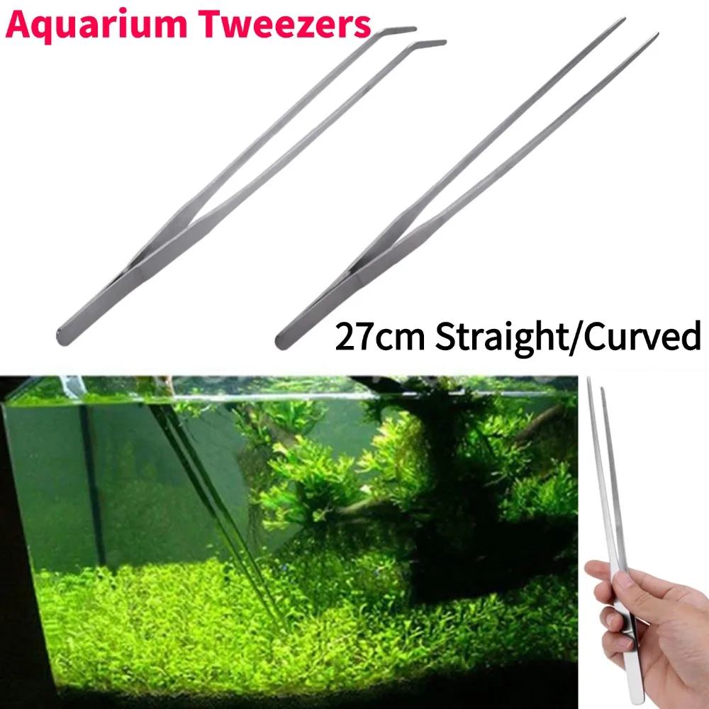 Stainless Steel Aquarium Tweezers Pliers Fish Tank Plant Aquascape Tools Straight Curved Forceps Clip Aquatic Feeding Tongs 27cm thumbnail 2