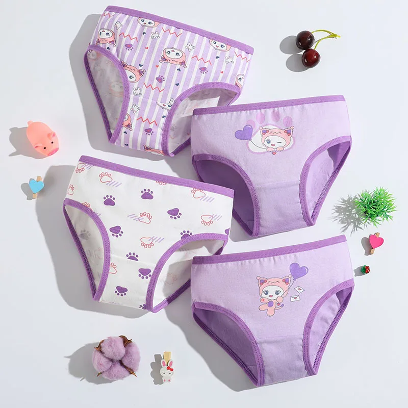 4-Piece Cute Girls Panties Premium Comfortable Cotton Baby Girl Briefs Age 2-9 Pretty Kitty Pattern Children's Underwear Bottoms