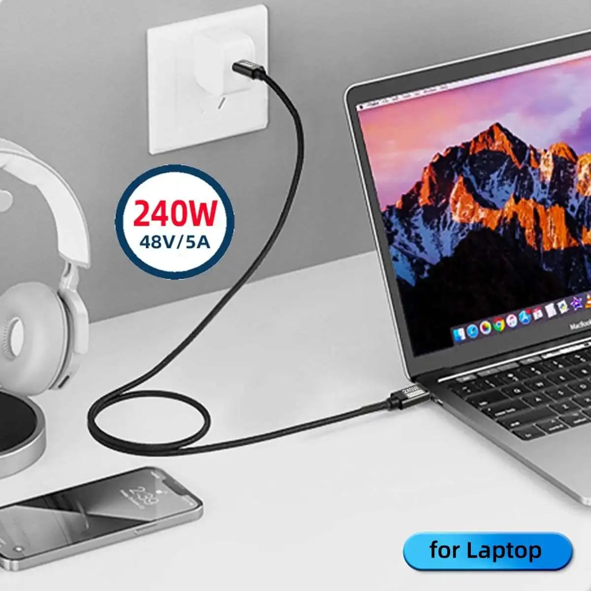 USB 3.2 20Gbps 48V 5A 240W USB C to Type-C 3.2 Gen2 Cable Data Transfer USB C SSD Hard Disk Cable 4K 60Hz QC 3.0 Fast Charging thumbnail 3
