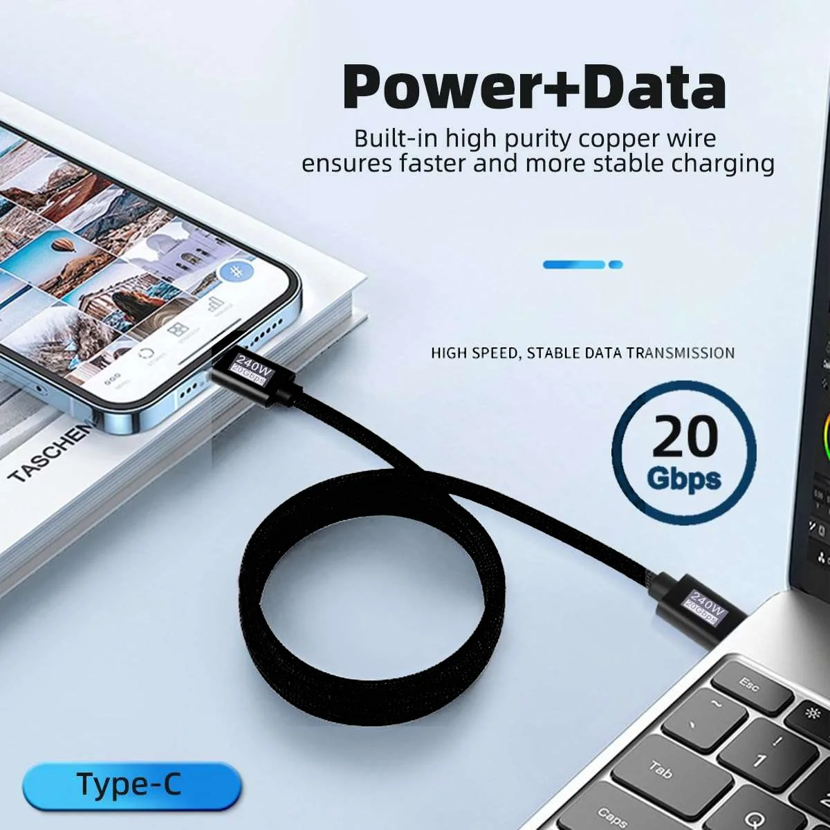 USB 3.2 20Gbps 48V 5A 240W USB C to Type-C 3.2 Gen2 Cable Data Transfer USB C SSD Hard Disk Cable 4K 60Hz QC 3.0 Fast Charging thumbnail 5