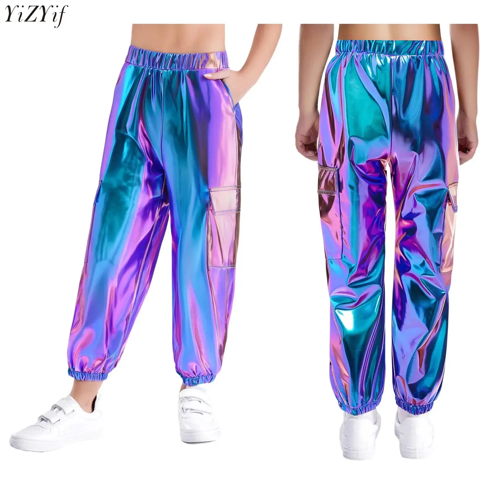 Kids Boys Girls Harem Pants Carnival Party Hip-Hop Jazz Dance Costume Shiny Metallic Elastic Waistband Trousers Pants Streetwear