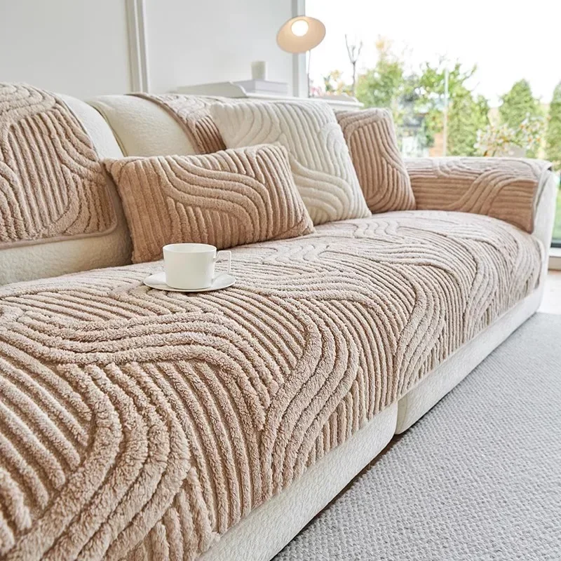 1PC Wave Striped Sofa Cover Solid Color Thicken Plush Sofa Towel Covers Non-slip Couch Slipcovers Sofa Mat for Living Room thumbnail 6