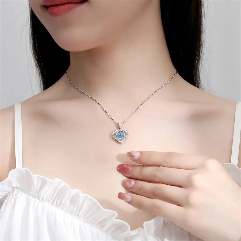 925 Sterling Silver Heart Shaped Necklace Bracelet Set for Women Vintage Korean Blue Crystal Bracelets Jewelry Set Party Jewelry thumbnail 4