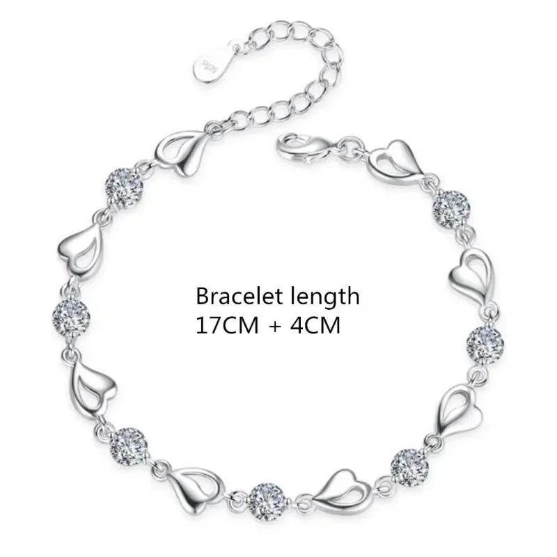 925 Sterling Silver Heart Shaped Necklace Bracelet Set for Women Vintage Korean Blue Crystal Bracelets Jewelry Set Party Jewelry thumbnail 6