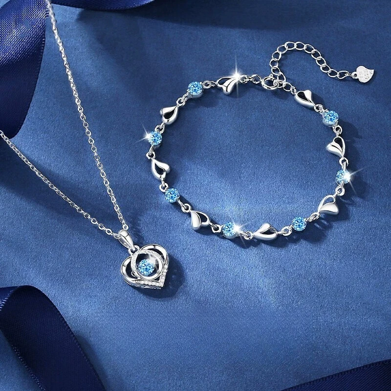 925 Sterling Silver Heart Shaped Necklace Bracelet Set for Women Vintage Korean Blue Crystal Bracelets Jewelry Set Party Jewelry thumbnail 2