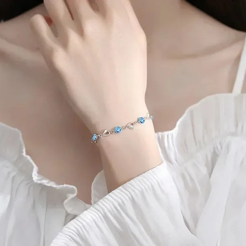 925 Sterling Silver Heart Shaped Necklace Bracelet Set for Women Vintage Korean Blue Crystal Bracelets Jewelry Set Party Jewelry thumbnail 5