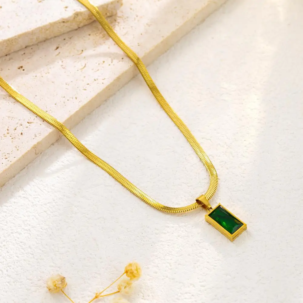 Stainless Steel Square Green Crystal Zircon Necklace Earrings Jewelry Set For Women Gold Color Chain Accessories Wedding Gift thumbnail 6