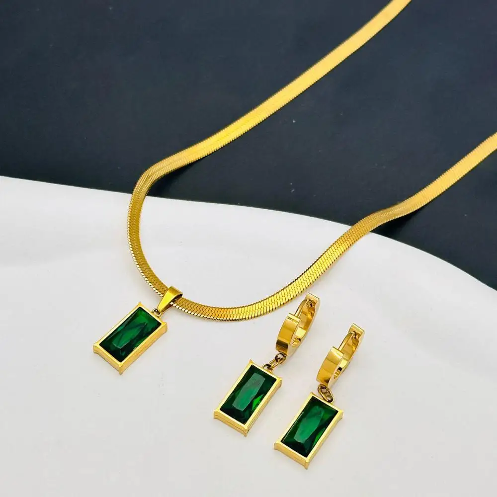 Stainless Steel Square Green Crystal Zircon Necklace Earrings Jewelry Set For Women Gold Color Chain Accessories Wedding Gift thumbnail 3