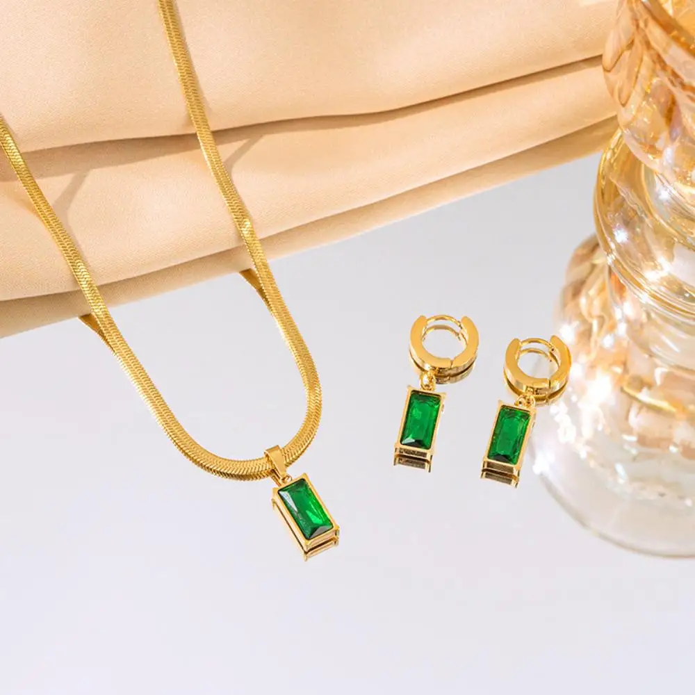 Stainless Steel Square Green Crystal Zircon Necklace Earrings Jewelry Set For Women Gold Color Chain Accessories Wedding Gift thumbnail 4