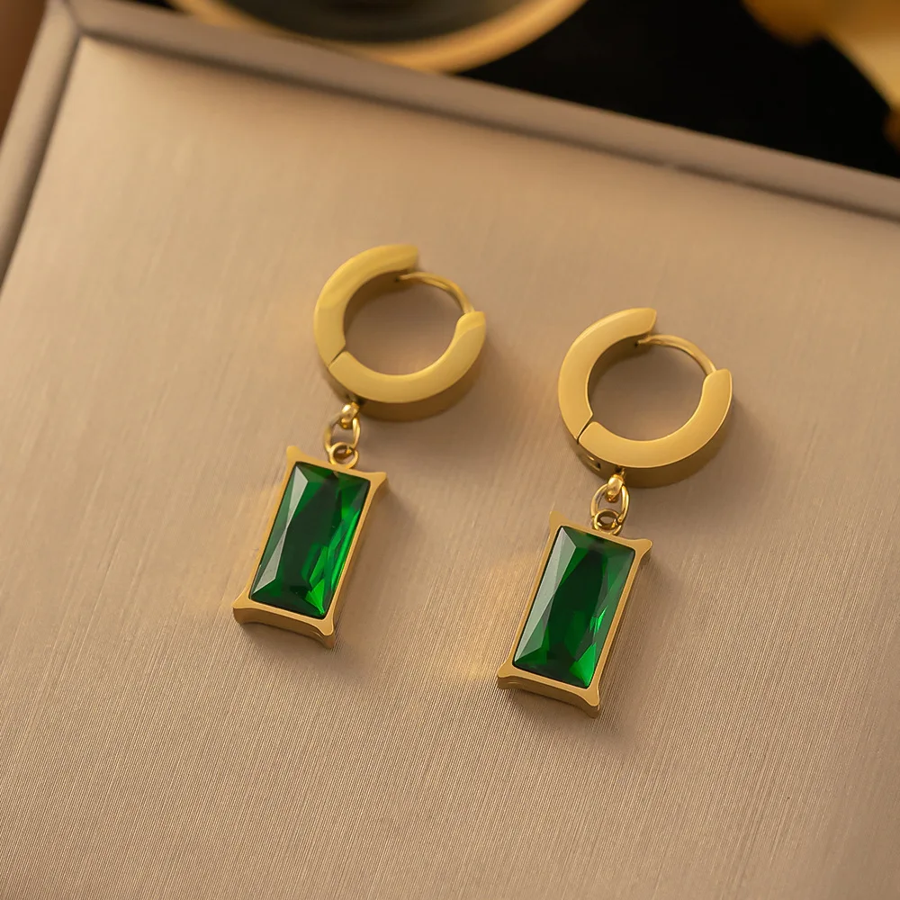 Stainless Steel Square Green Crystal Zircon Necklace Earrings Jewelry Set For Women Gold Color Chain Accessories Wedding Gift thumbnail 2