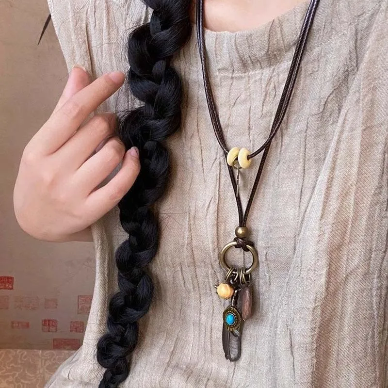 New Chinese Style Feather Leaf Pendant Necklace Vintage Ethnic Double Layered Long Wax Ropse Sweater Chain Jewelry Gift thumbnail 3