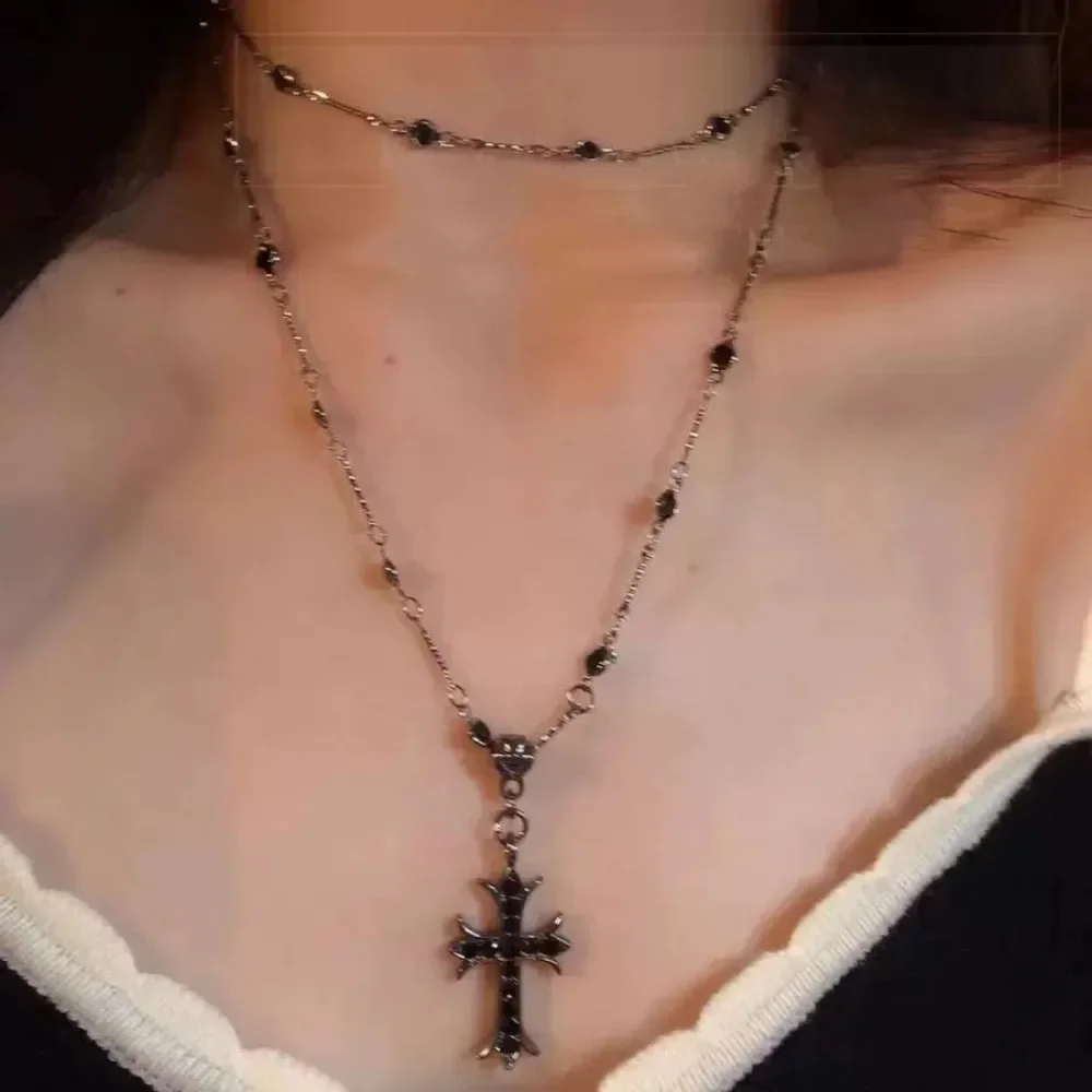 Cross Gothic Black Pendant Necklaces Chain with Pearl Fashion  for Women Jewelry