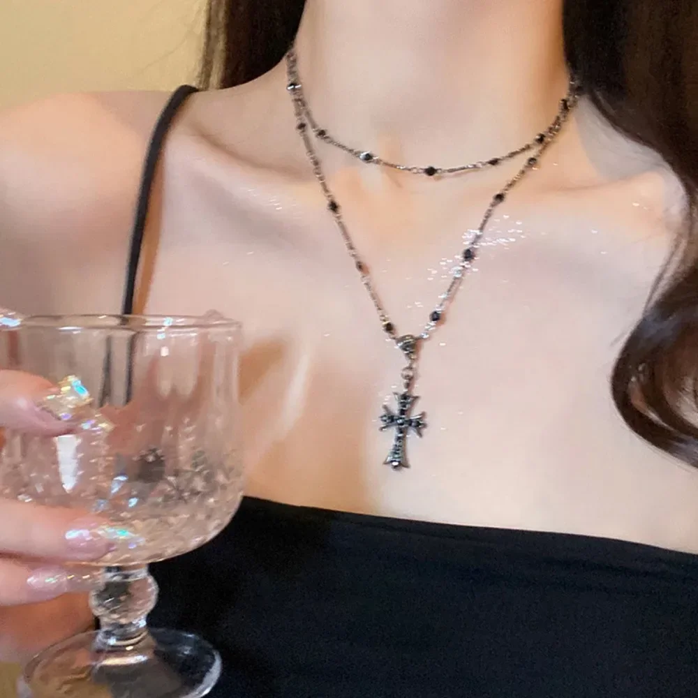 Cross Gothic Black Pendant Necklaces Chain with Pearl Fashion  for Women Jewelry thumbnail 5
