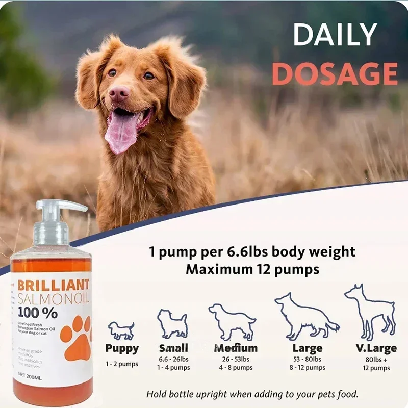 Brand 200ml PET BRILLIANT Pure SALMON OIL Natural No Chemical Treatment 21 Omega Fatty Acids Nutritional Supplements for Dogs thumbnail 2