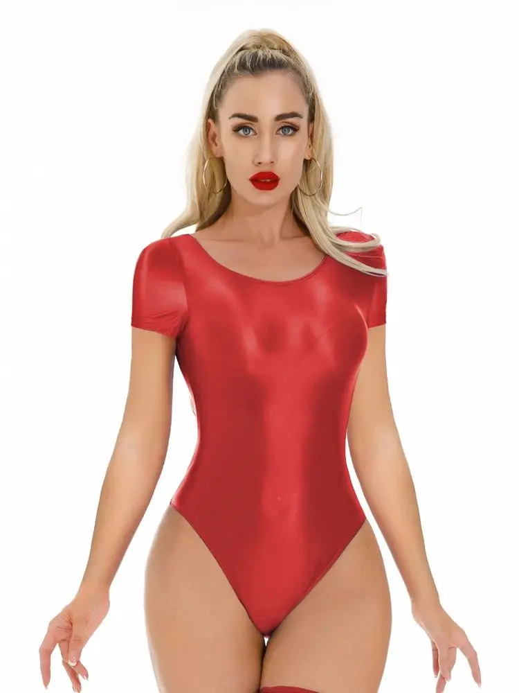 M-XL Short Sleeve Glossy Shiny Bodysuit High Cut Swimsuit Tights Elastic Sexy Body Teddies Transparent Swimwear Leotard Unitard thumbnail 6