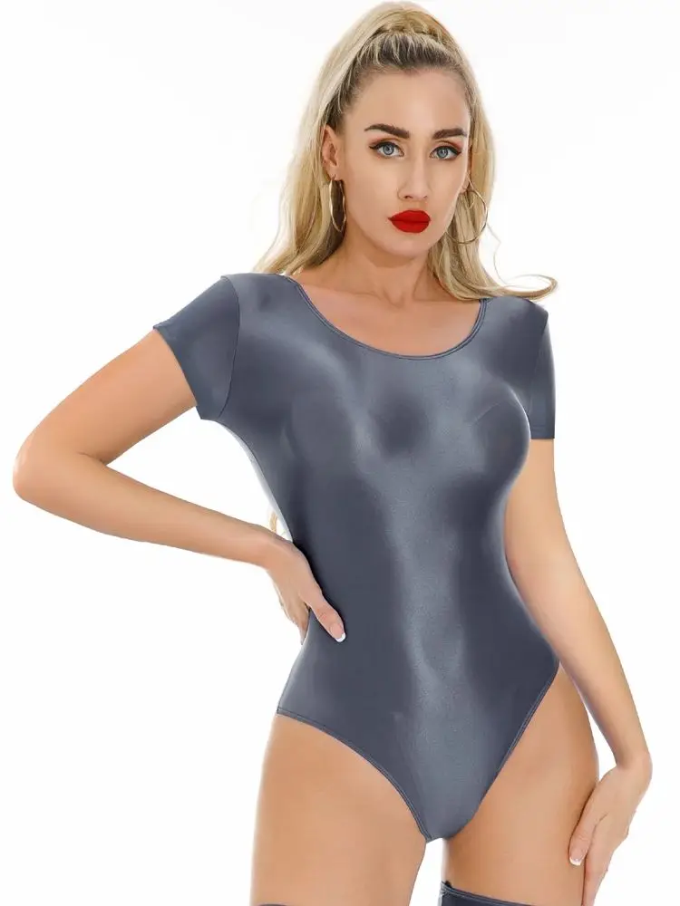 M-XL Short Sleeve Glossy Shiny Bodysuit High Cut Swimsuit Tights Elastic Sexy Body Teddies Transparent Swimwear Leotard Unitard thumbnail 3