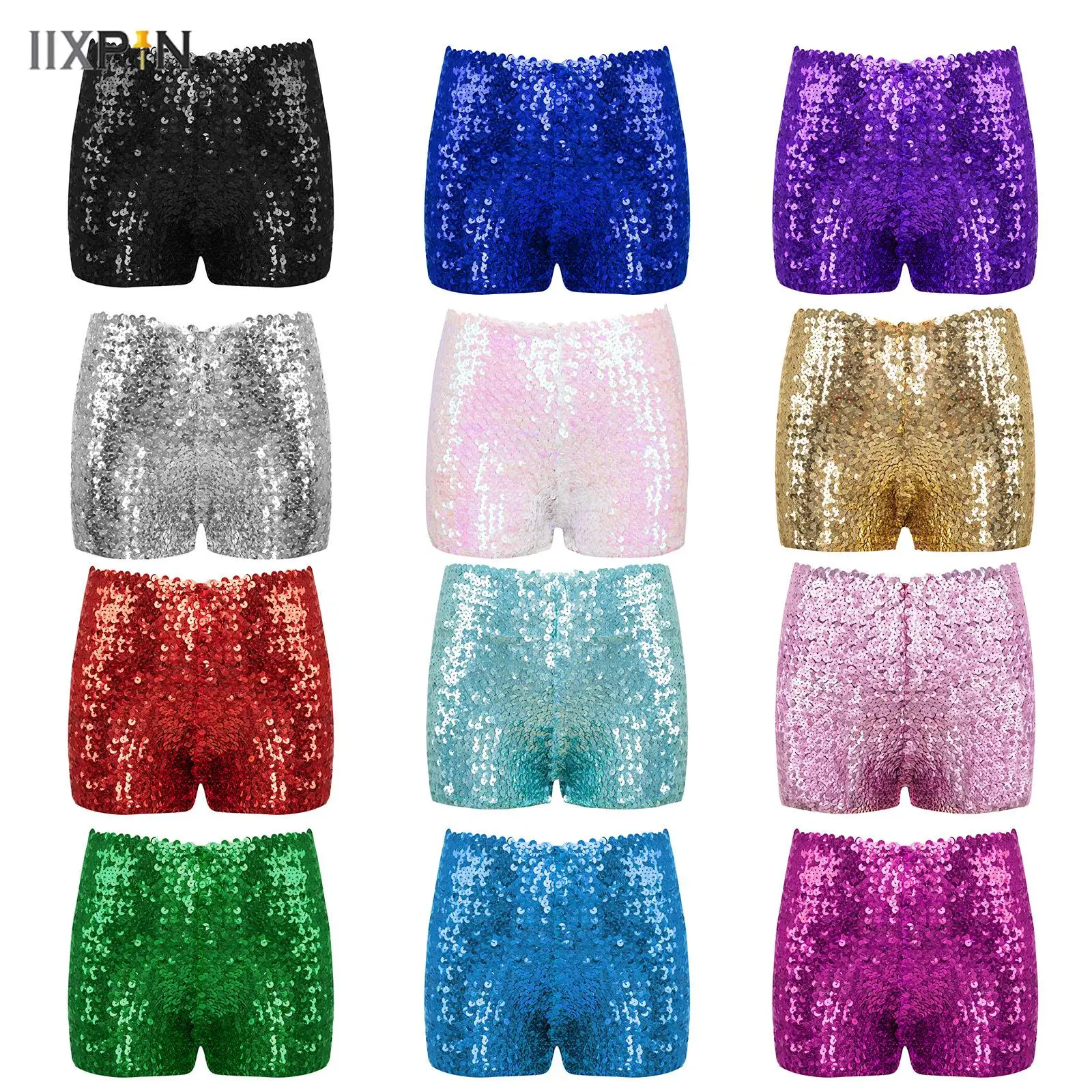 Kids Girls Sequins Dance Shorts Fashion Y2K Clothes Solid Color Boxer Shorts Hip Hop Jazz Street Dancewear Performance Costume