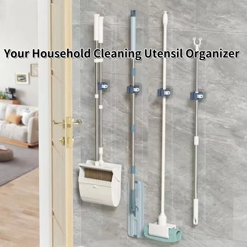 Wall Mounted Plastic Hanging Mop Storage Rack Self-adhesive Mop Holder Punch-Free Clip Hook Space Saving for Broom Mop Storag thumbnail 3