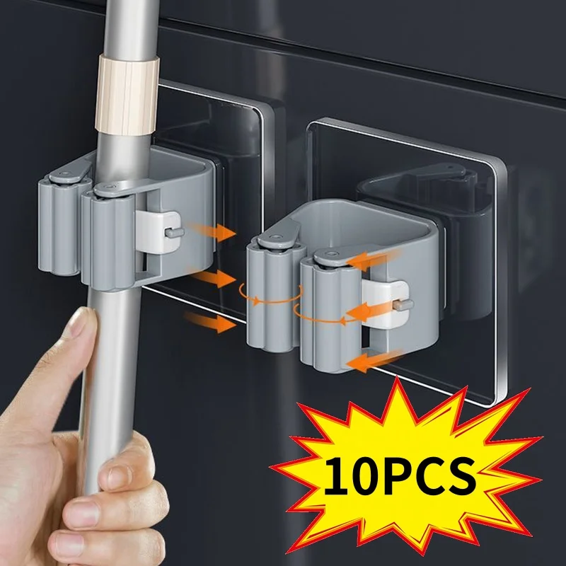 Wall Mounted Plastic Hanging Mop Storage Rack Self-adhesive Mop Holder Punch-Free Clip Hook Space Saving for Broom Mop Storag