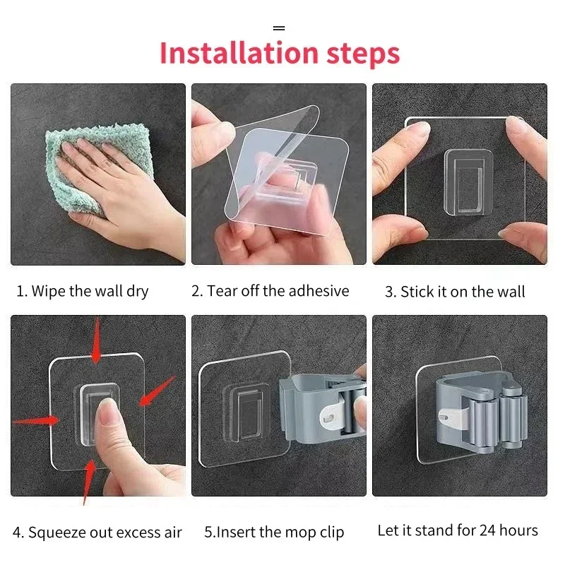 Wall Mounted Plastic Hanging Mop Storage Rack Self-adhesive Mop Holder Punch-Free Clip Hook Space Saving for Broom Mop Storag thumbnail 6