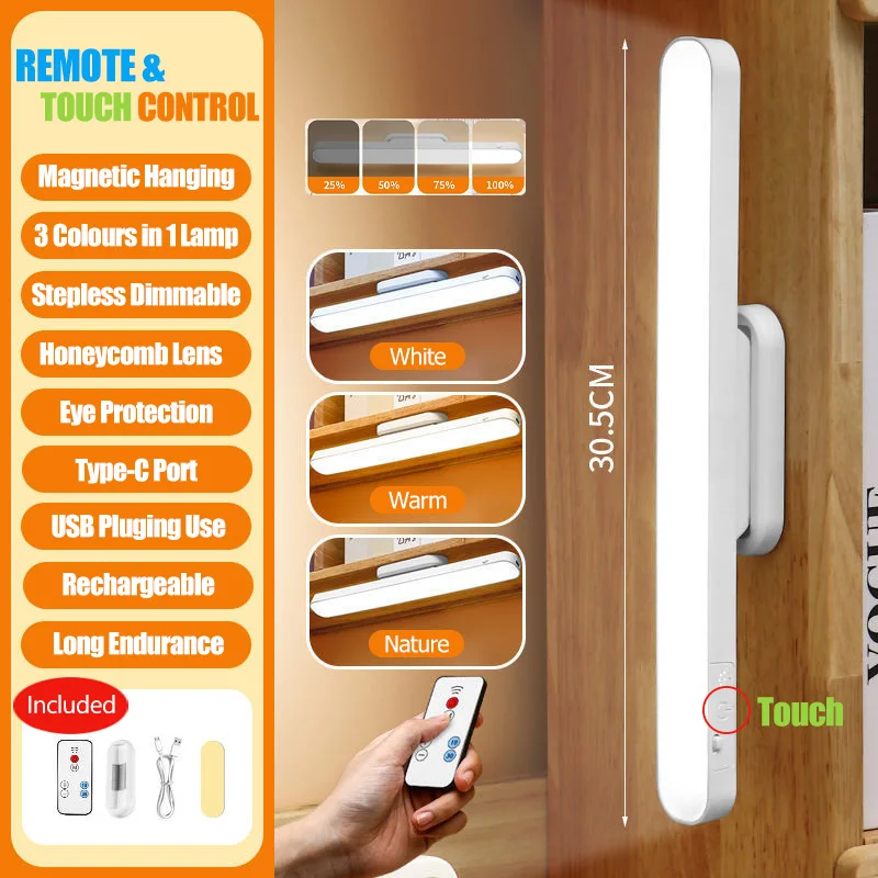 Remote LED Desk Lamp Magnetic Hanging Night Light USB Rechargeable Table Lamp 3 Colors Reading Light For Cabinet Closet Wardrobe thumbnail 2