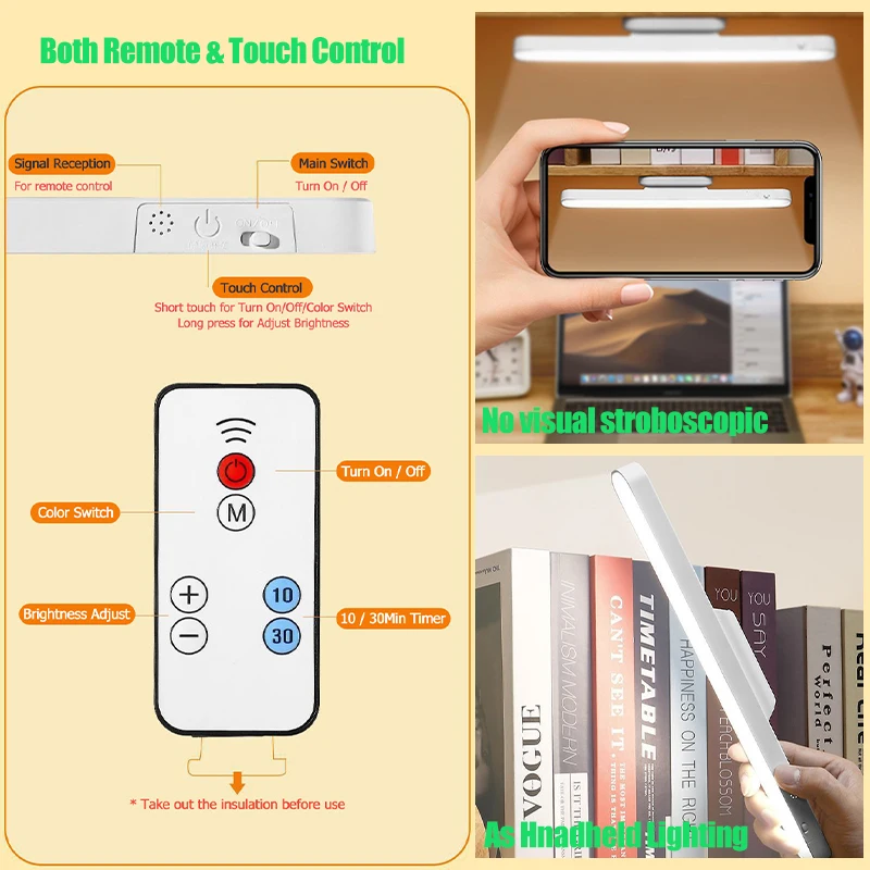 Remote LED Desk Lamp Magnetic Hanging Night Light USB Rechargeable Table Lamp 3 Colors Reading Light For Cabinet Closet Wardrobe thumbnail 3