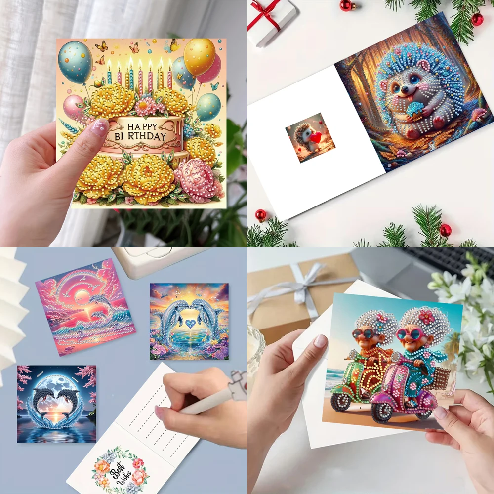 6-piece/set DIY diamond painting birthday card set, featuring unique flower, bird, and pattern designs, rhinestone diamond paint thumbnail 4