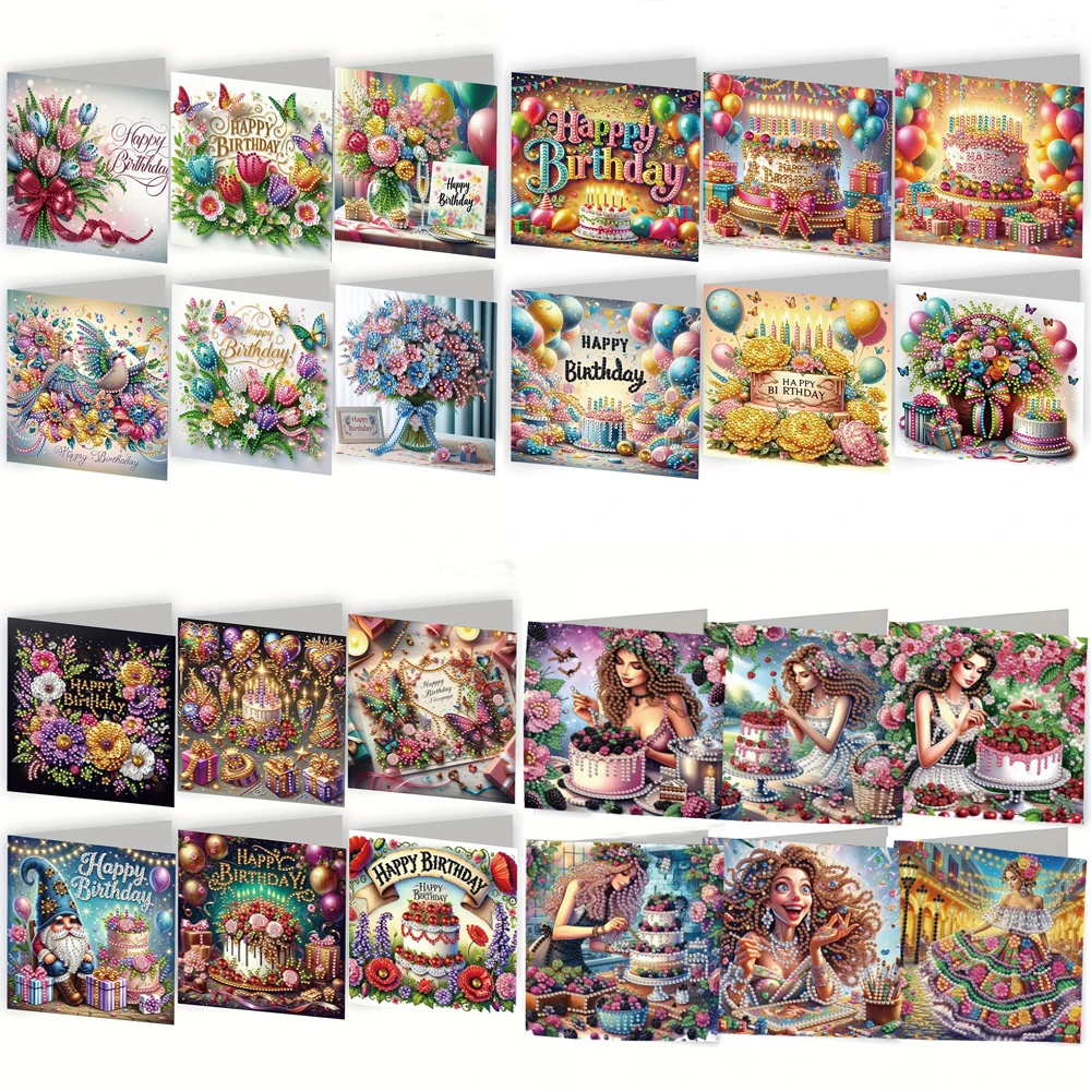 6-piece/set DIY diamond painting birthday card set, featuring unique flower, bird, and pattern designs, rhinestone diamond paint