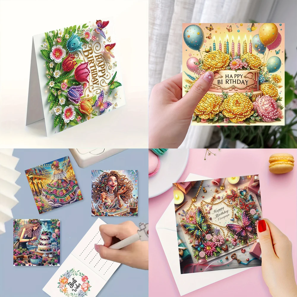 6-piece/set DIY diamond painting birthday card set, featuring unique flower, bird, and pattern designs, rhinestone diamond paint thumbnail 4