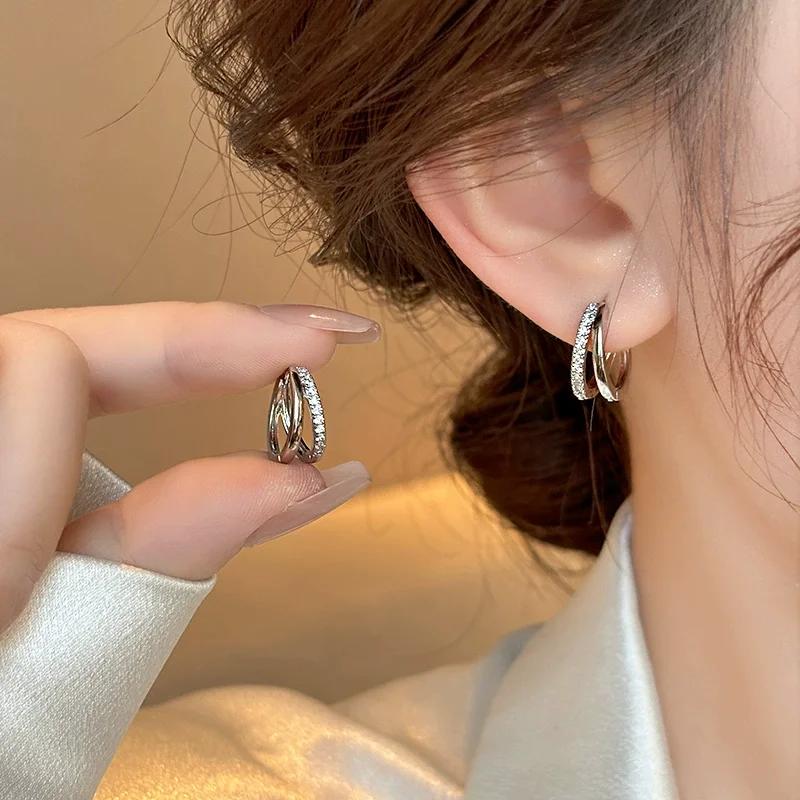 Stainless Steel Gold Color Circle Hoop Earrings for Women Simple Cubic Zircon Double Ring Earring Cartilage Piercing Jewelry thumbnail 4