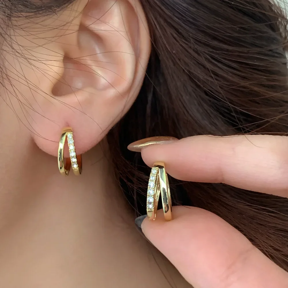 Stainless Steel Gold Color Circle Hoop Earrings for Women Simple Cubic Zircon Double Ring Earring Cartilage Piercing Jewelry thumbnail 3