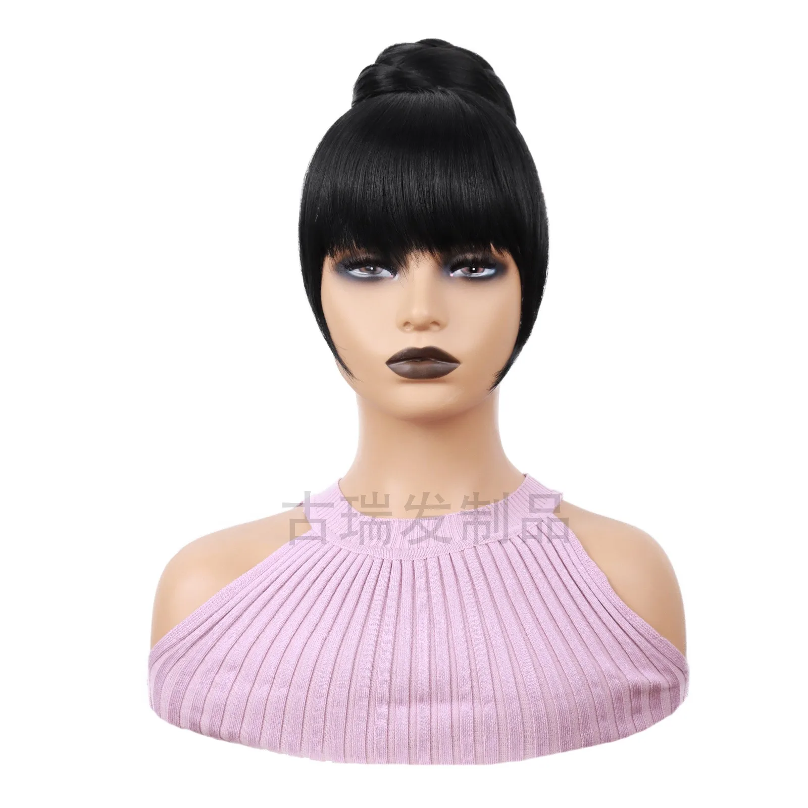 Synthetic Bun & Bang Set 2PCS Braided HairBun Bangs Straight Clip in High Bun with Bangs Clip on Hair Piece for Black Women thumbnail 5