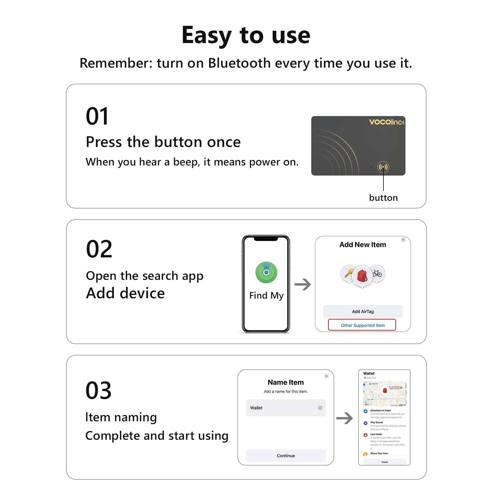 1/2Pcs VOCOlinc Wireless Charging Bluetooth Tracking Card,Global locator, Smart Tag, Item Finder, Use with Find My (IOS Only) thumbnail 4